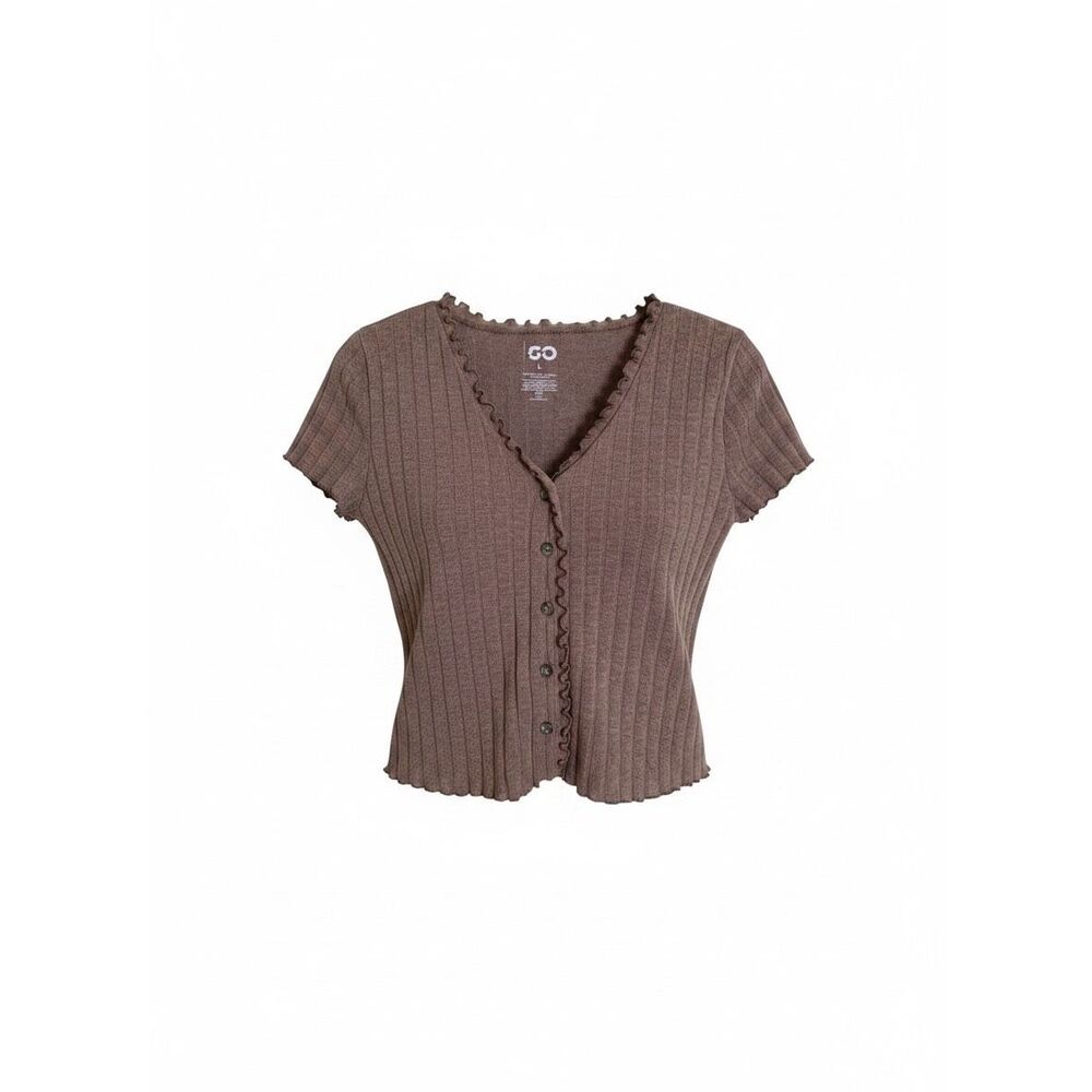 SO Ribbed Cardigan Top Size L Brown Short Sleeve Lettuce Trim Button Front V Nec